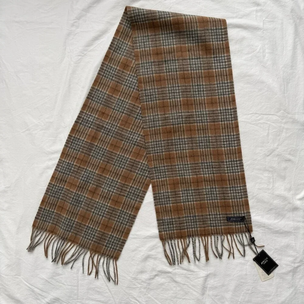 NWT JOE ONE 100% Cashmere Tan Gray Plaid Scarf